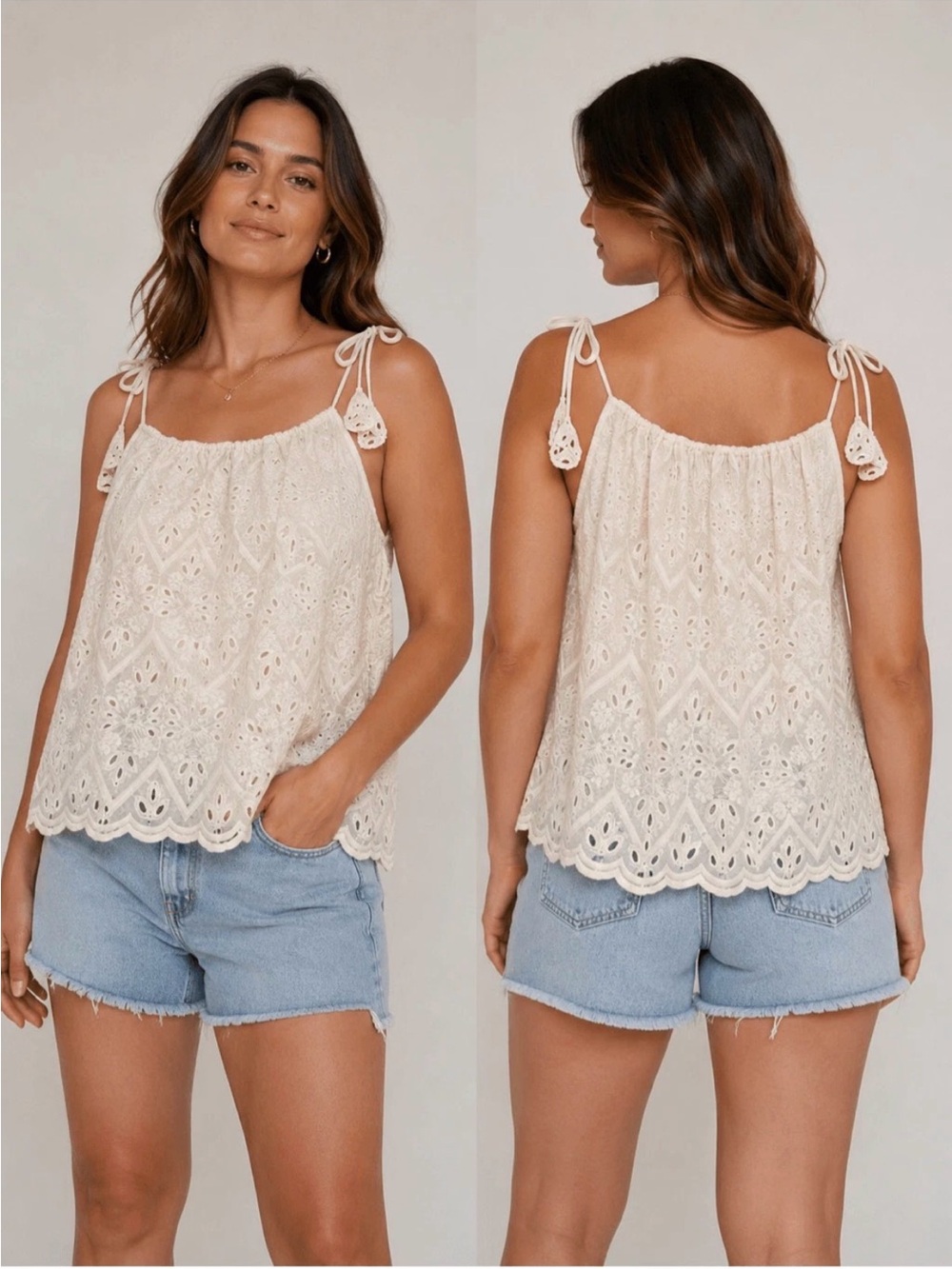 SKIES ARE BLUE NWT Sz M Off White Eyelet Lace Tie Strap Tank Blouse Angel Flowy